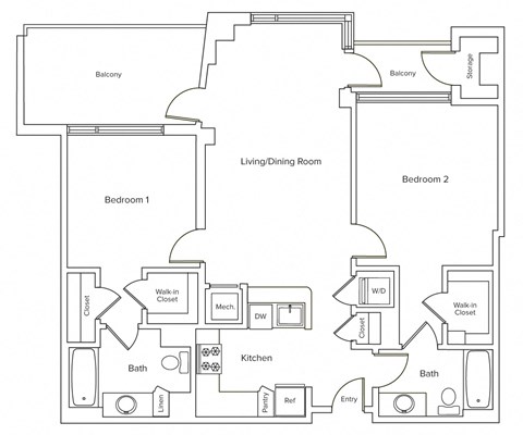 Floor plan for 2 beds, 2 baths, 1063 sqft